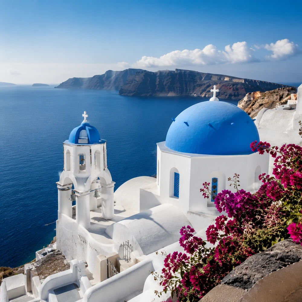 Κυκλαδίτικη αρχιτεκτονική και γαλάζιοι τρούλοι στη Σαντορίνη