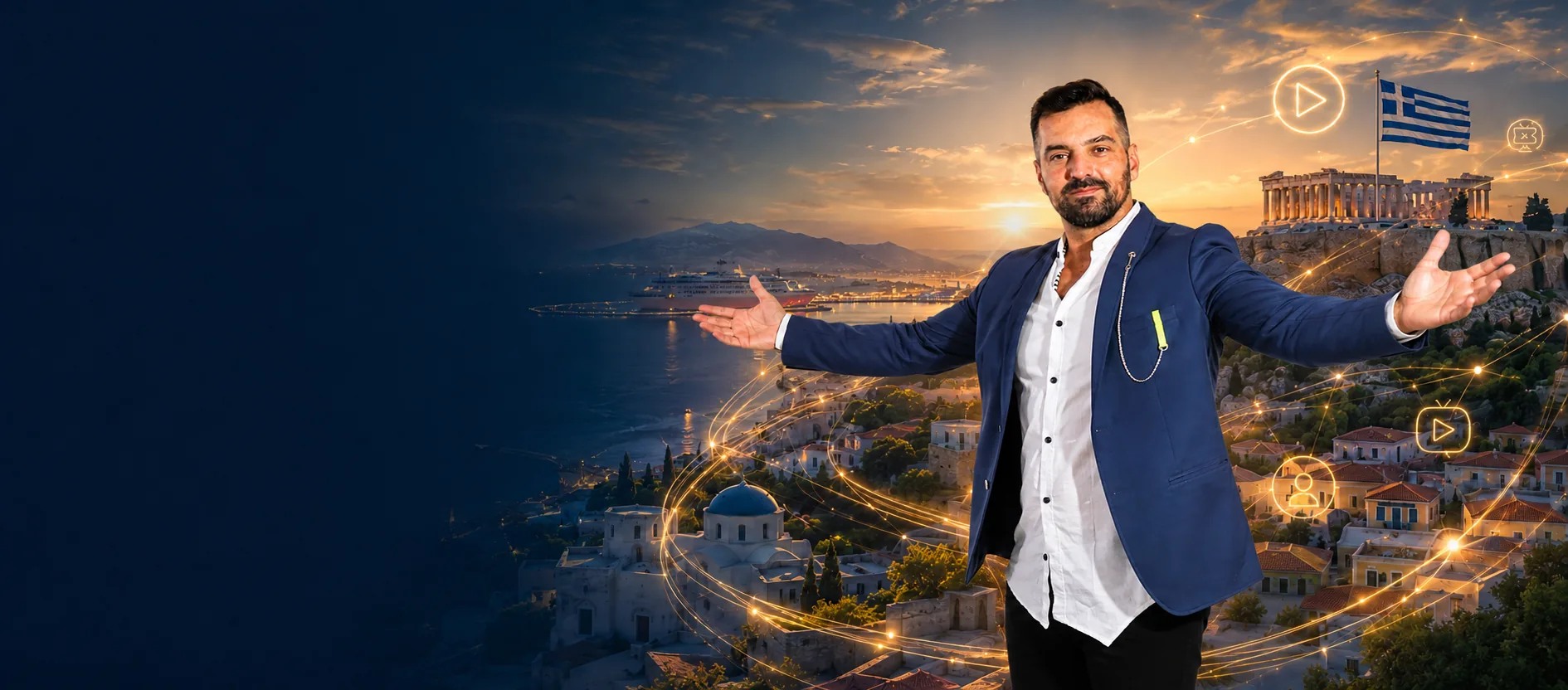 Εικαστική σύνθεση με τον Μιχάλη Κοντιζά, την ελληνική σημαία και εικόνες της Ελλάδας
