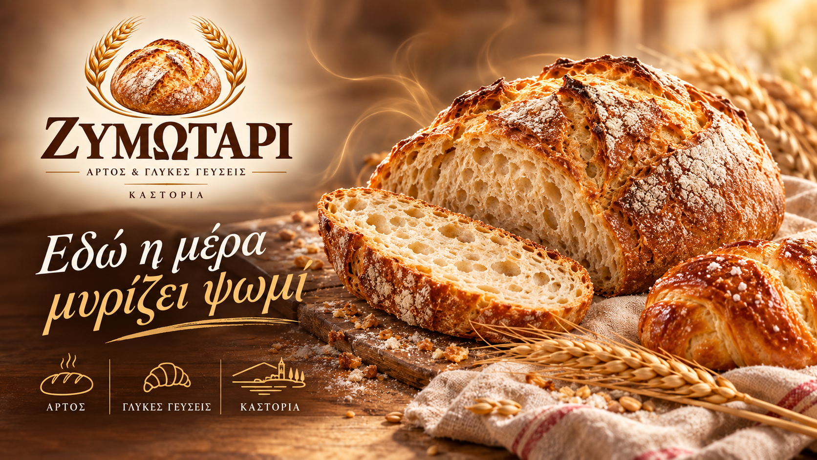 Καρβέλι και φέτες ψωμιού σε ζεστό φως — Ζυμωτάρι Καστοριά