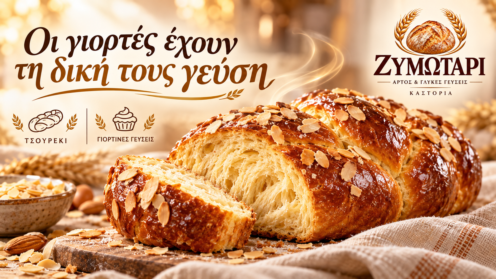 Τσουρέκι με αμύγδαλα σε γιορτινή παρουσίαση — Ζυμωτάρι Καστοριά
