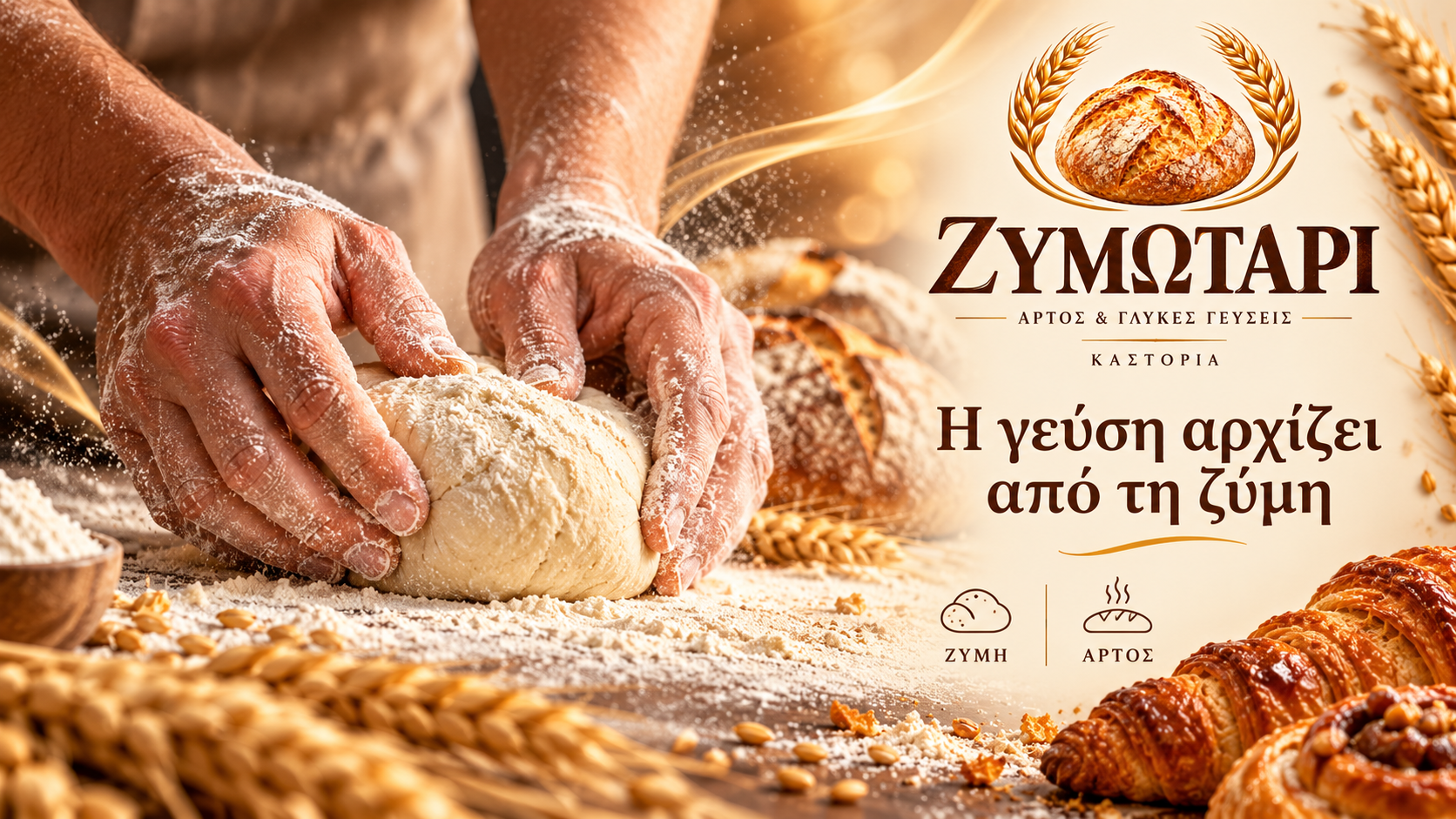 Χέρια που ζυμώνουν πάνω σε αλευρωμένο ξύλινο πάγκο — Ζυμωτάρι Καστοριά