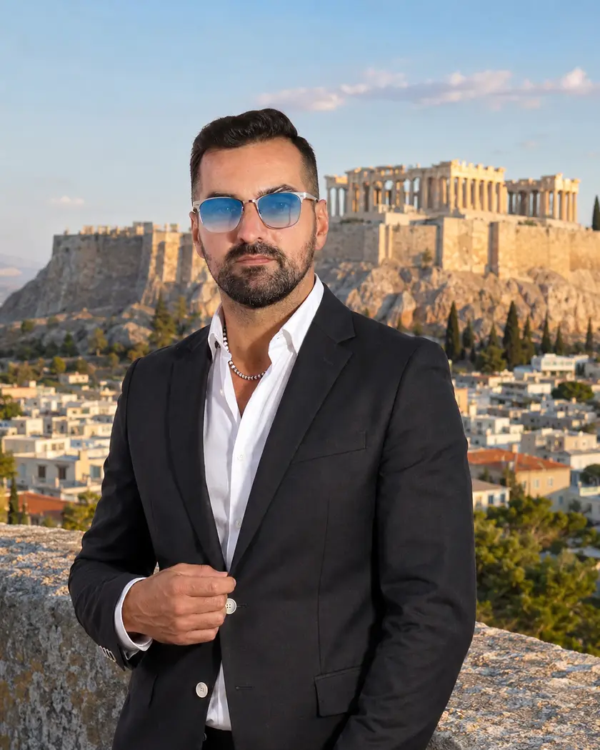 Ο Μιχάλης Κοντιζάς στην Αθήνα με φόντο την Ακρόπολη και τον Παρθενώνα