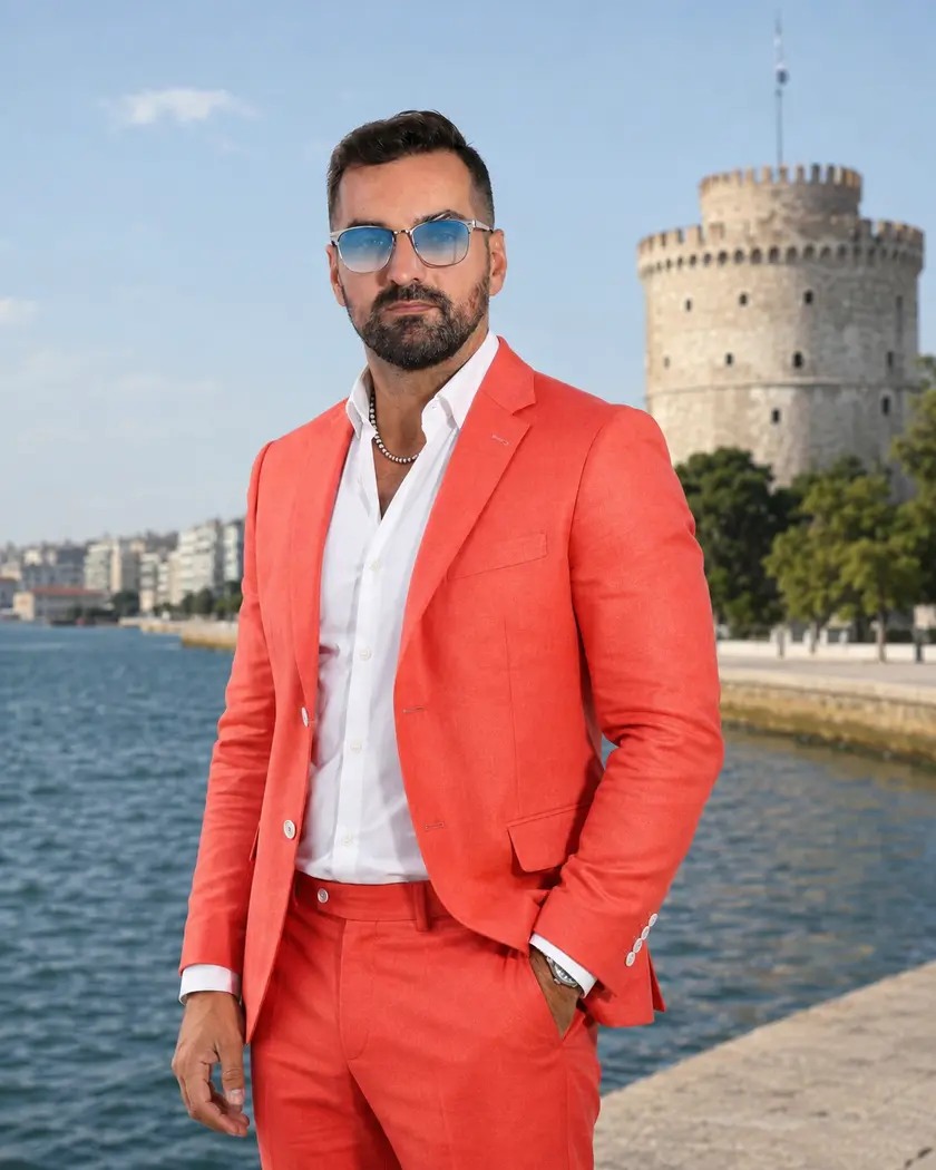 Ο Μιχάλης Κοντιζάς με κόκκινο σακάκι μπροστά στον Λευκό Πύργο