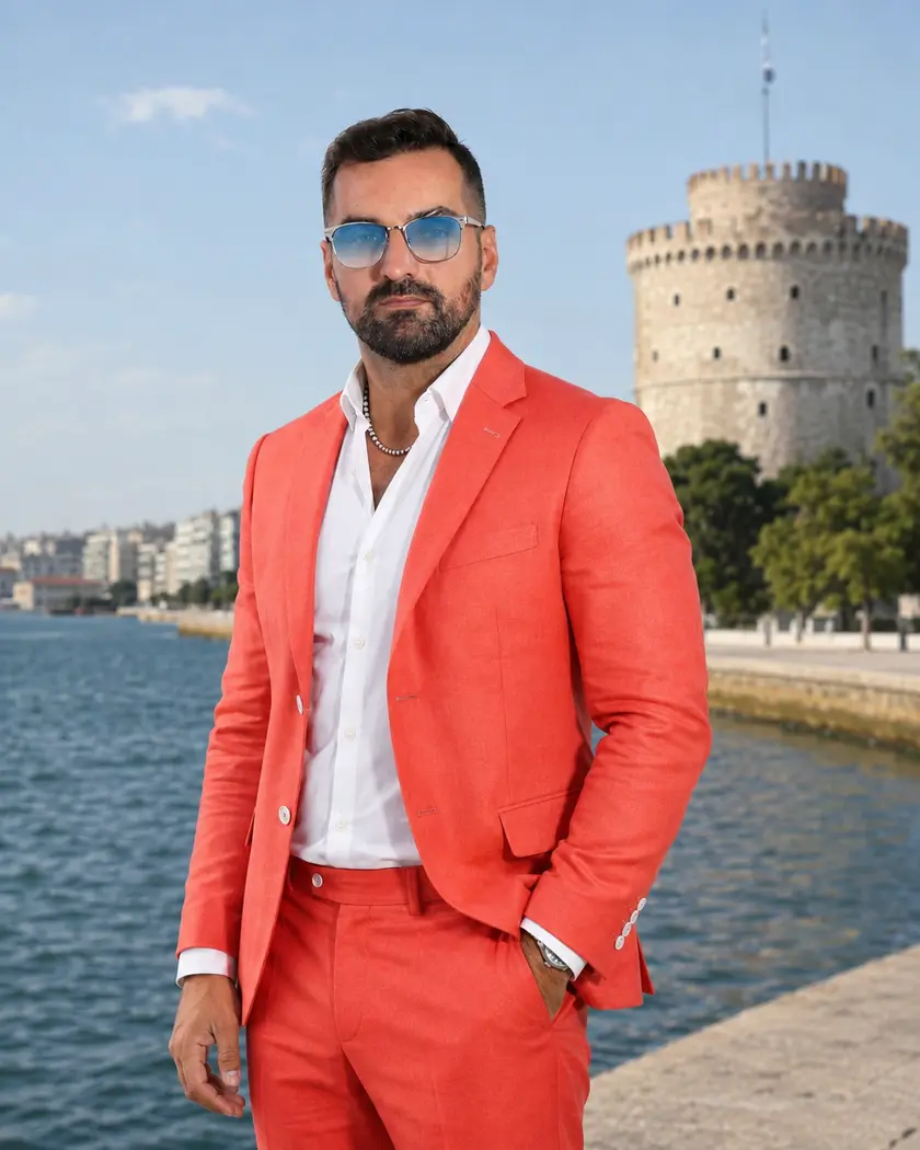 Ο Μιχάλης Κοντιζάς στη Θεσσαλονίκη με φόντο τον Λευκό Πύργο